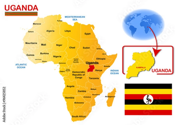 Fototapeta Uganda, map and flag