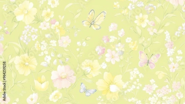 Fototapeta Delicate spring floral pattern featuring colorful butterflies on a light green background, perfect for nature lovers and textile design