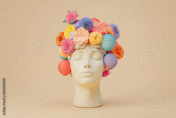 Obraz A white mannequin head with colorful paper lanterns and flowers in the brain, on a beige background.