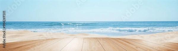 Obraz Wooden circular deck on sandy beach with ocean waves and clear sky in backdrop. Product display background with copy space.