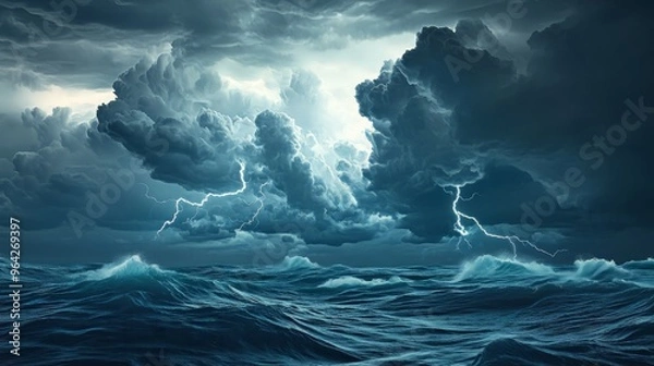 Fototapeta Stormy Ocean with Lightning