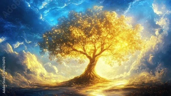 Fototapeta Illuminated Tree of Life in Enchanted Landscape - Fantasy Illustration with Golden Light Against Cool Blue Sky