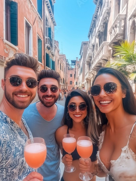 Obraz a group of friends drinking glasses of peach bellini in Venice in the sun smiling 