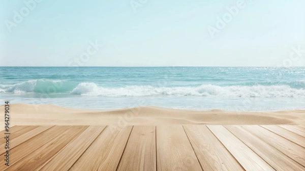Obraz Wooden rectangular deck on sandy beach with ocean waves and clear sky in backdrop. Product display background with copy space.