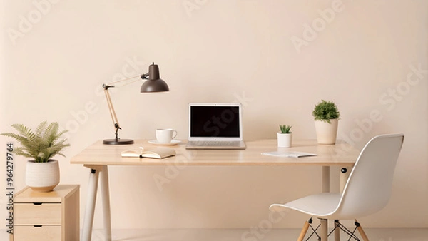 Obraz Modern home office setup for remote learning: a clean desk with a computer, open textbooks, a notepad, and a coffee mug. Include a comfortable chair, a desk lamp, and a potted plant