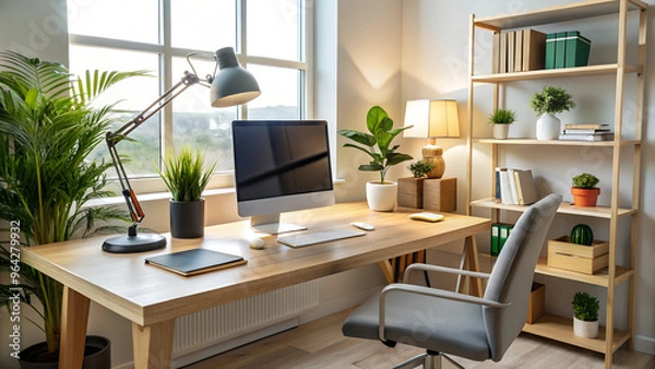 Fototapeta Modern home office setup for remote learning: a clean desk with a computer, open textbooks, a notepad, and a coffee mug. Include a comfortable chair, a desk lamp, and a potted plant