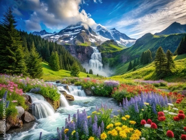 Fototapeta Serene landscape featuring a majestic mountain range, lush green forests, sparkling waterfall, and vibrant wildflowers, evoking a sense of harmony and balance in nature.