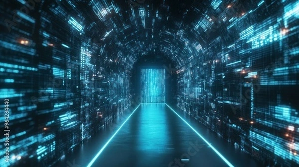 Obraz Digital Tunnel with Neon Lights and Binary Code