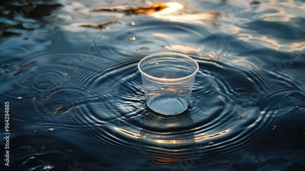 Fototapeta Plastic cup floating in water depicting environmental pollution and marine conservation issues
