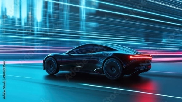 Fototapeta Fast Car on a Neon Road