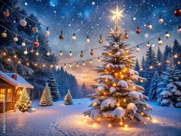 Fototapeta Snowflakes gently fall on a tranquil winter wonderland scene featuring twinkling string lights, festive holiday decorations, and a majestic snow-covered Christmas tree at dusk.