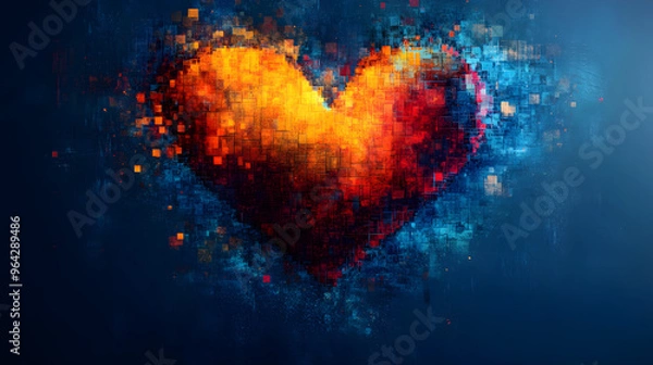 Fototapeta Digital Mosaic: Fiery Heart Illuminating Abstract Pixelated Blue Universe.