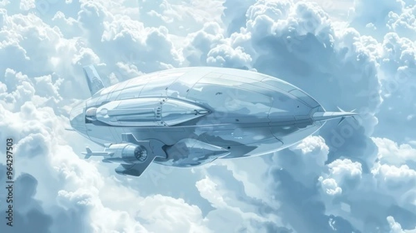 Obraz An airship with futuristic elements, floating through a sky of swirling clouds.