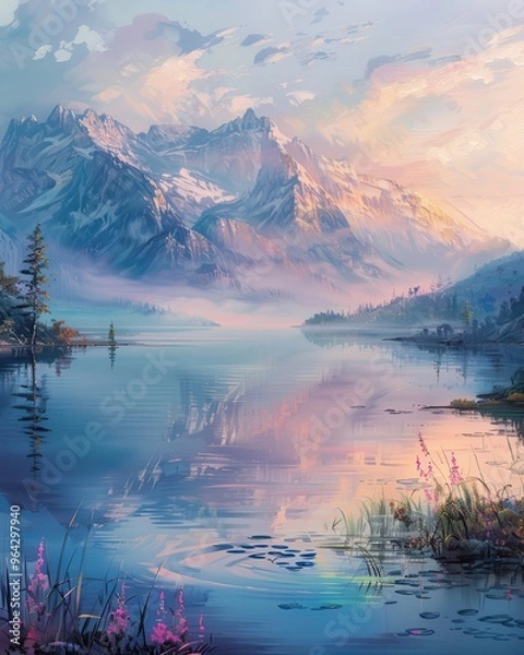Fototapeta Serene landscape featuring majestic mountains, tranquil lake, and vibrant flowers under a colorful sky at sunrise.