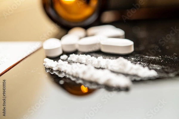 Fototapeta Fentanyl and Prescription Opioids on a Table: Close-Up Photo of Pills and Powder