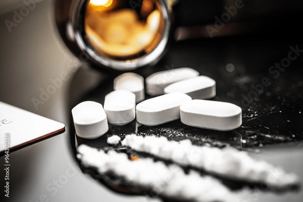 Fototapeta Close-up of Fentanyl Pills and Powder with Prescription Drug Context in Modern Setting