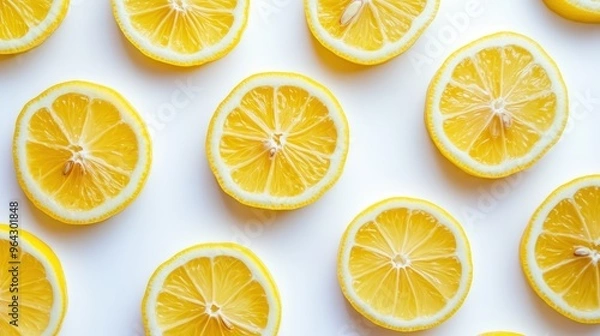 Obraz Fresh, vibrant lemon slices arranged in a neat pattern on a white background, showcasing the bright yellow citrus fruit with a clean and refreshing look.