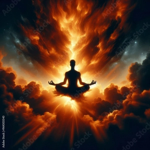 Fototapeta A silhouette of a meditative figure sits calmly amidst a fiery cloudscape, exuding a sense of inner peace and spiritual connection. The dramatic, glowing clouds and serene posture create a powerful
