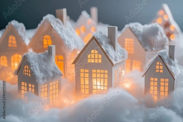 Obraz A snowy winter village scene made from paper and cardboard, lit from within by tiny LED lights, with fluffy cotton snow covering the roofs