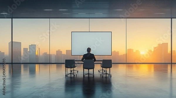 Fototapeta Man in modern office facing large window with cityscape at sunrise, evoking calm and focus