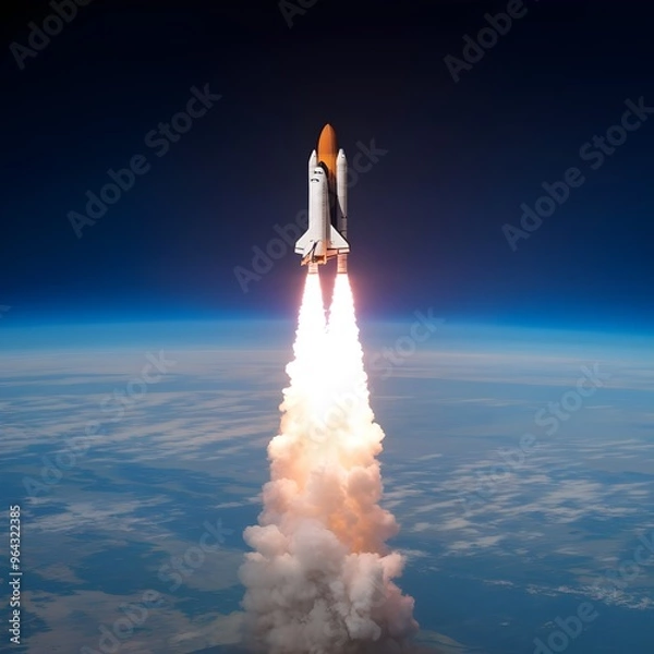 Fototapeta Rocket entering space with view of earth, Aerospace technology and space exploration.
