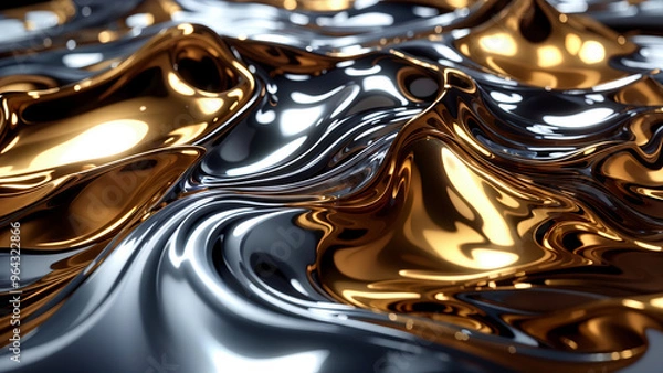 Obraz Close-up of the texture in wave form in shiny metal in gold and silver color with highlights and shimmer. Liquid metallic texture