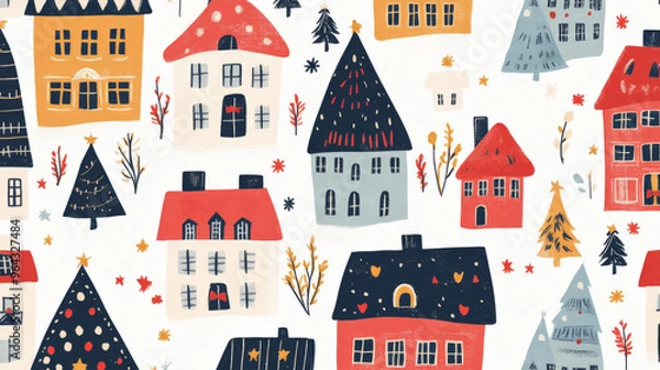 Obraz A cheerful Christmas pattern featuring colorful, decorated buildings. This hand-drawn design is perfect for adding holiday cheer to your projects.