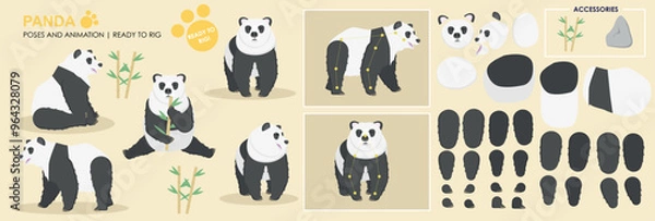 Obraz Cute panda bear ready for animation rigging , multiple poses, collection multiple angles including accessories, cartoon teddy bear character vector pack.