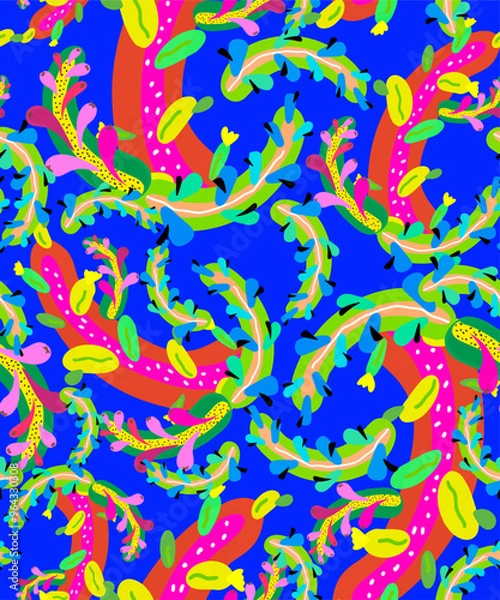 Fototapeta A vector pattern with cacti in an abstract multicolored style. Seamless cactus plant background with flowers of various colors and shapes.