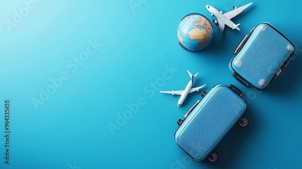 Obraz A clean, blue background features a suitcase, globe, and airplane in a flat lay arrangement. 