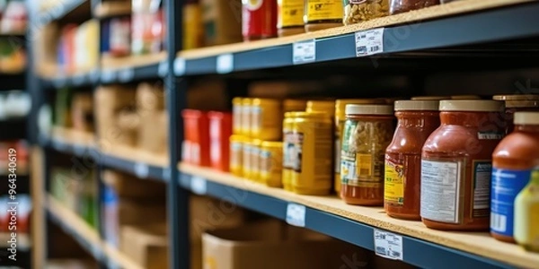 Fototapeta A neatly organized shelf displaying various jars and containers filled with colorful condiments and sauces.