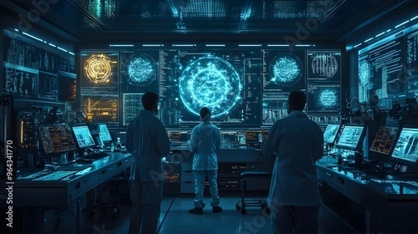 Fototapeta A group of scientists in a sleek laboratory conducting research experiments, with futuristic equipment and holographic displays surrounding them.