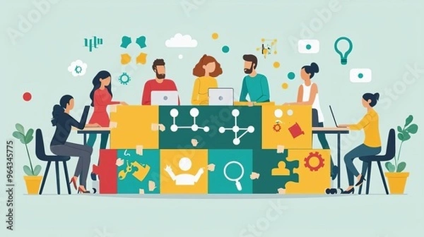 Fototapeta Business Team building  goals  activities Team building workshop, creative puzzle-solving, flat design illustration