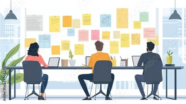 Fototapeta Business Team building  goals  activities Team building workshop, creative puzzle-solving, flat design illustration