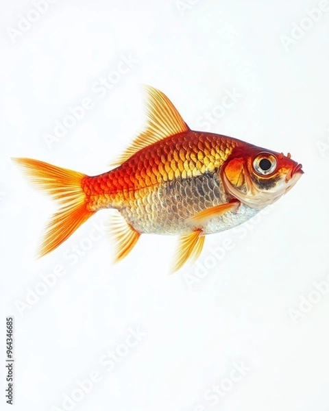 Fototapeta the Red Fin Barb fish, portrait view, white copy space on right, Isolated on white Background