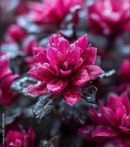 Obraz A close-up of a vibrant pink flower with water droplets, set against a blurred background of similar flowers.