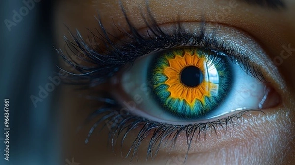 Fototapeta A captivating close-up of an eye with sunflower-inspired iris colors showcasing nature's beauty and intricate details