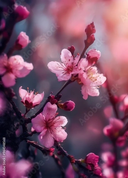 Fototapeta A close-up view of cherry blossoms in full bloom, with their delicate pink petals and vibrant red centers, set against a blurred background of more blossoms.