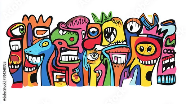Fototapeta Colorful doodle alien monsters. Horrible faces bright colors, cyclops, slime monster. Funny unusual cartoon fantasy characters, decorative graphic design