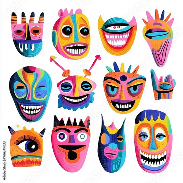 Fototapeta Safety masks set. Crazy mask or abnormal horror emotional faces. Ufo people with big eyes and lips, cyclops, monsters and demons. Unusual characters with horrible smiles
