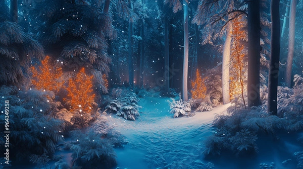 Fototapeta Winter snowy forest at night landscape. Snow on tree, seasonal cozy illustration. Christmas time, New year holidays, miracle and dreaming time. Cold weather in forest
