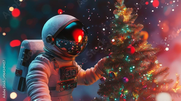 Fototapeta Astronaut in spacesuit and Christmas tree. New Year party, surreal vibrant shining illustration with blur effect elements. Cosmonaut in space floating, x-mas winter holidays disco 