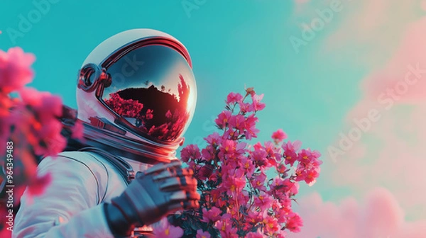 Fototapeta Astronaut realistic style in spacesuit with flowers. Universe travel, bright surreal landscape with cosmonaut in suit. Vibrant illustration, space exploring and botanical research