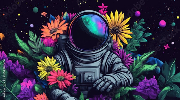 Fototapeta Astronaut in spacesuit with flowers sketch style. Universe travel and work surreal landscape with cosmonaut. Colorful illustration of exploration in outer space