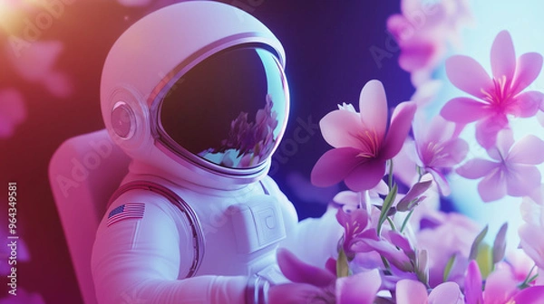 Fototapeta Astronaut in white spacesuit with flowers, 3d style. Universe travel surreal landscape with cosmonaut. Vibrant illustration of exploration in outer space