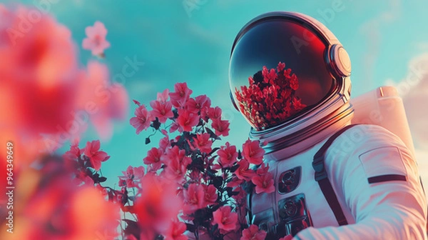 Fototapeta Astronaut in spacesuit with flowers, realistic style. Universe travel surreal landscape with cosmonaut. Vibrant illustration, space exploring and botanical research