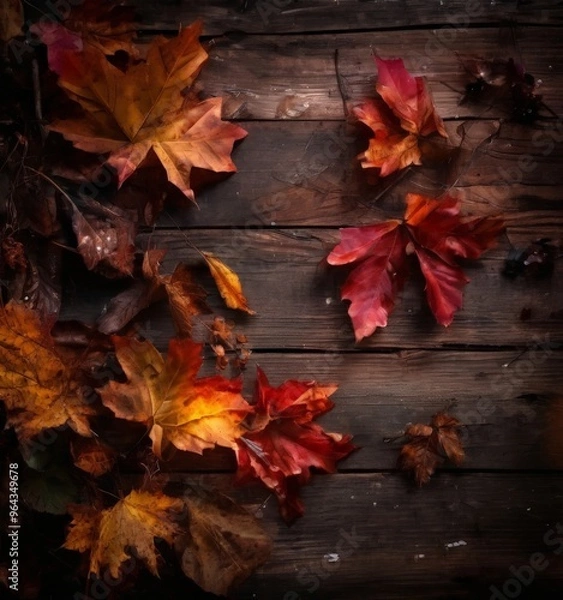 Fototapeta Autumn leaves in various shades of orange, red, and brown are scattered across a dark wooden surface, creating a warm and natural atmosphere.