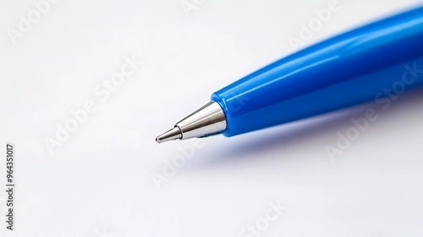 Fototapeta A blue ballpoint pen photographed up close on a white backdrop, showcasing its fine texture and vibrant color. 