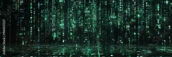 Obraz futuristic cityscape, characterized by a grid-like pattern of tall, vertical buildings with a green tint. The buildings are densely packed, creating a sense of depth and