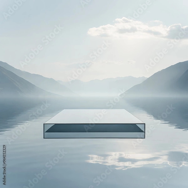 Obraz Transparent glass rectangular podium over a calm misty lake with mountain silhouettes. Product display background with copy space.
